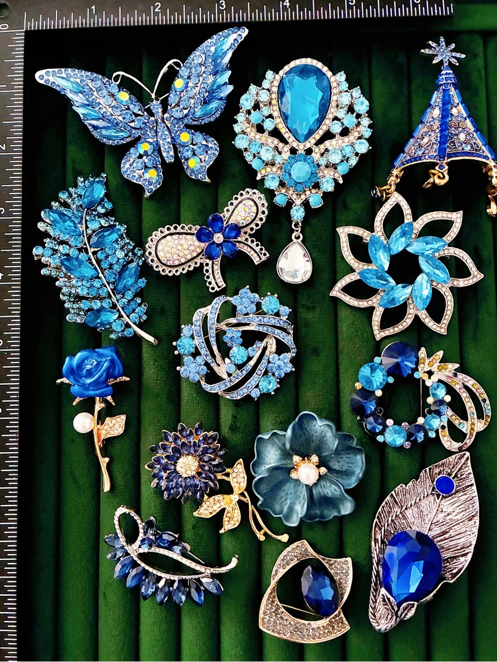 Blue Crystal Floral & Butterly Brooch Set - Elegant Women's Jewelry